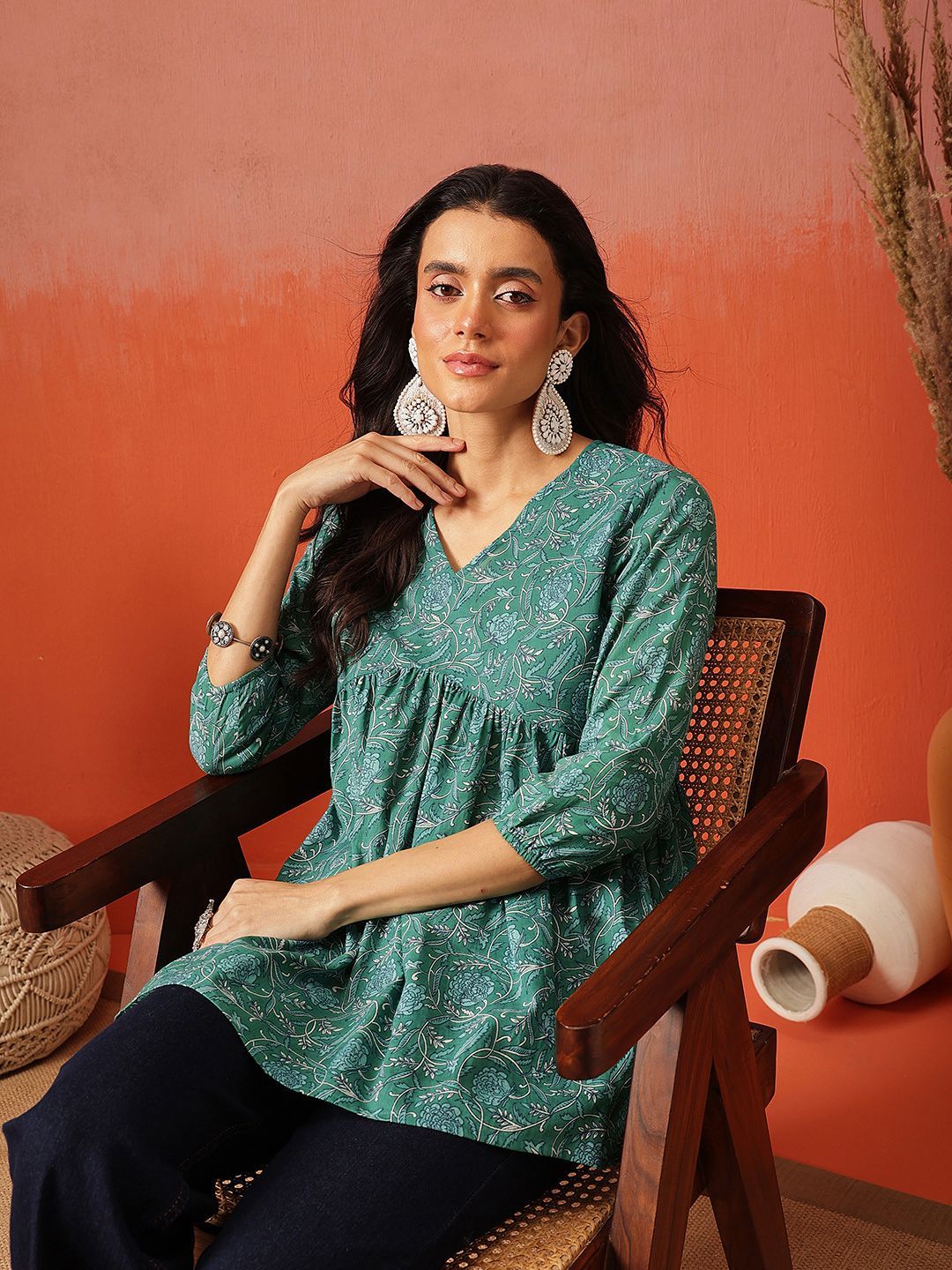 FEMBLISS Floral Printed Empire V-Neck Pure Cotton Anarkali Kurti-picture-25