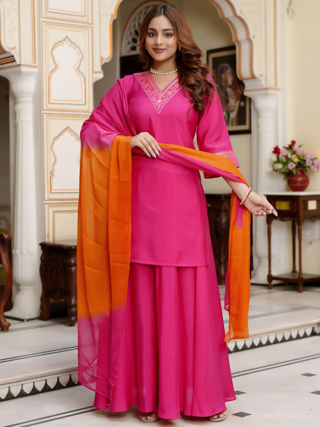 VIBE VISION Women V-Neck Straight Regular Kurta with Trousers & With Dupatta