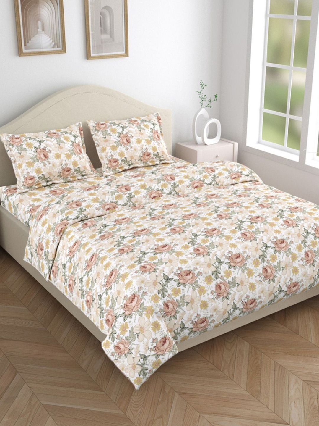 haus & kinder Beige & Green Floral Printed Microfiber Queen Bedsheet Set 2.29 m x 2.55 m-image-22