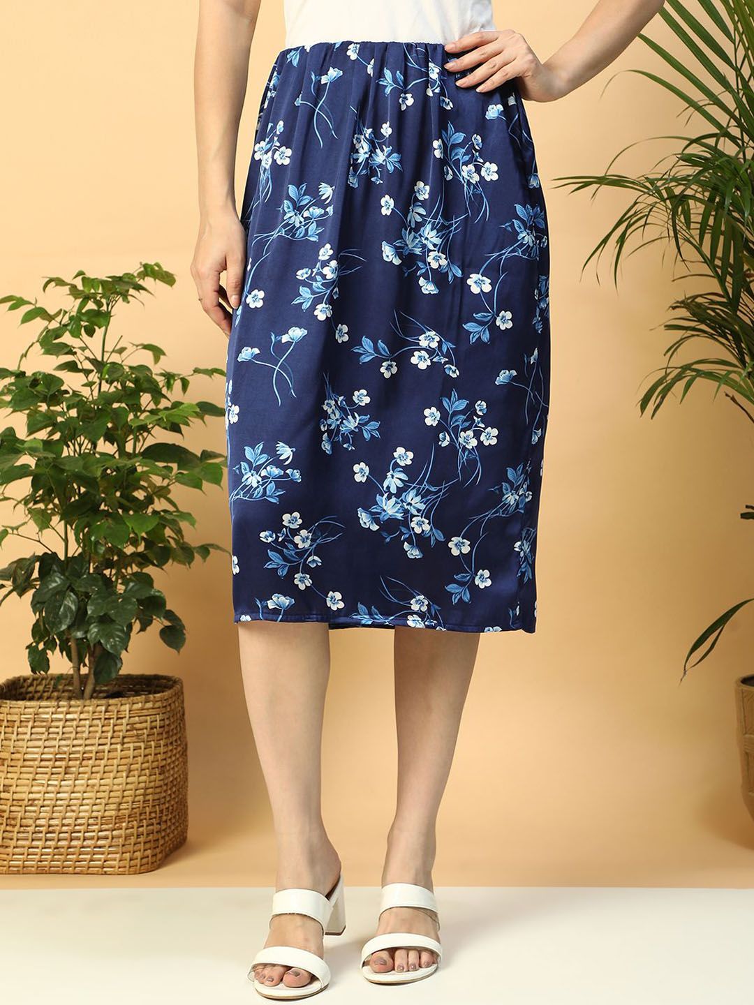 Oxolloxo Floral Printed Elasticated Knee Length Straight Skirt-picture-18