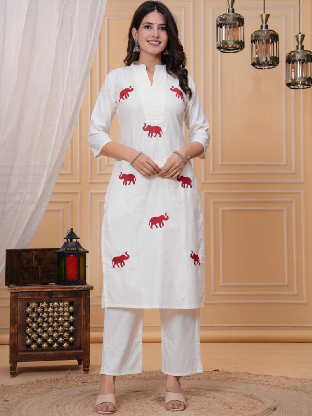 Fabmoha Women Embroidered Thread Work Pure Cotton Kurta with Trousers