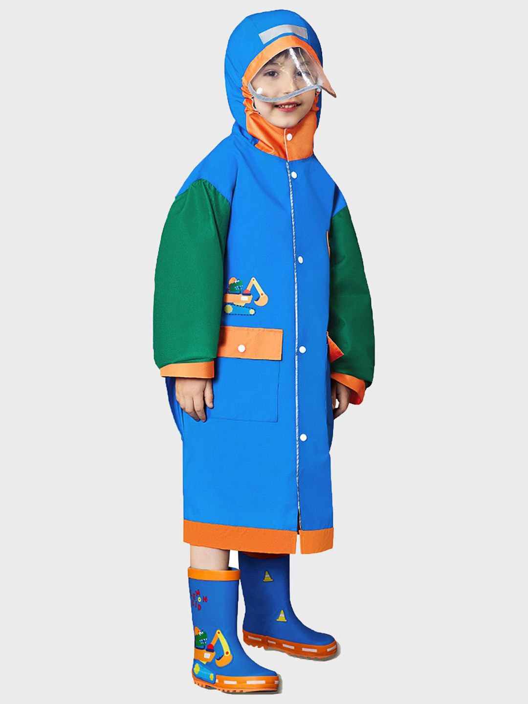 Little Surprise Box LLP Kids Blue Green Sleeve Dino Digger Knee Length Raincoat-picture-28