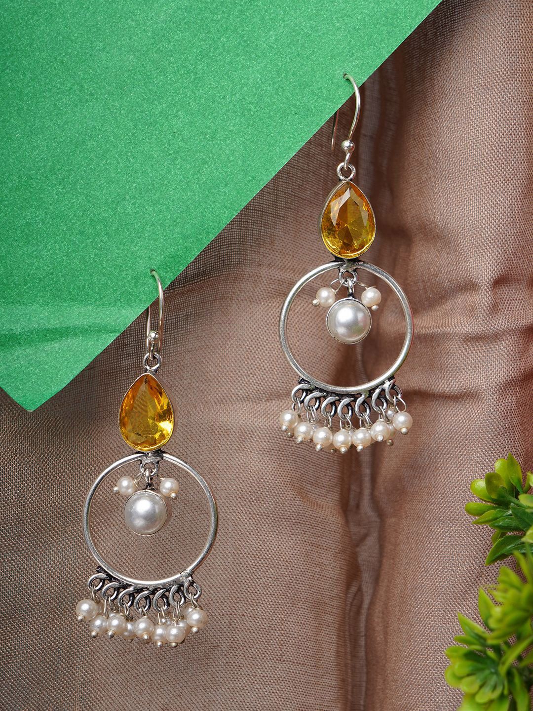 Bamboo Tree Jewels Artificial Stones Studded & Beaded Circular Drop Earrings-picture-12