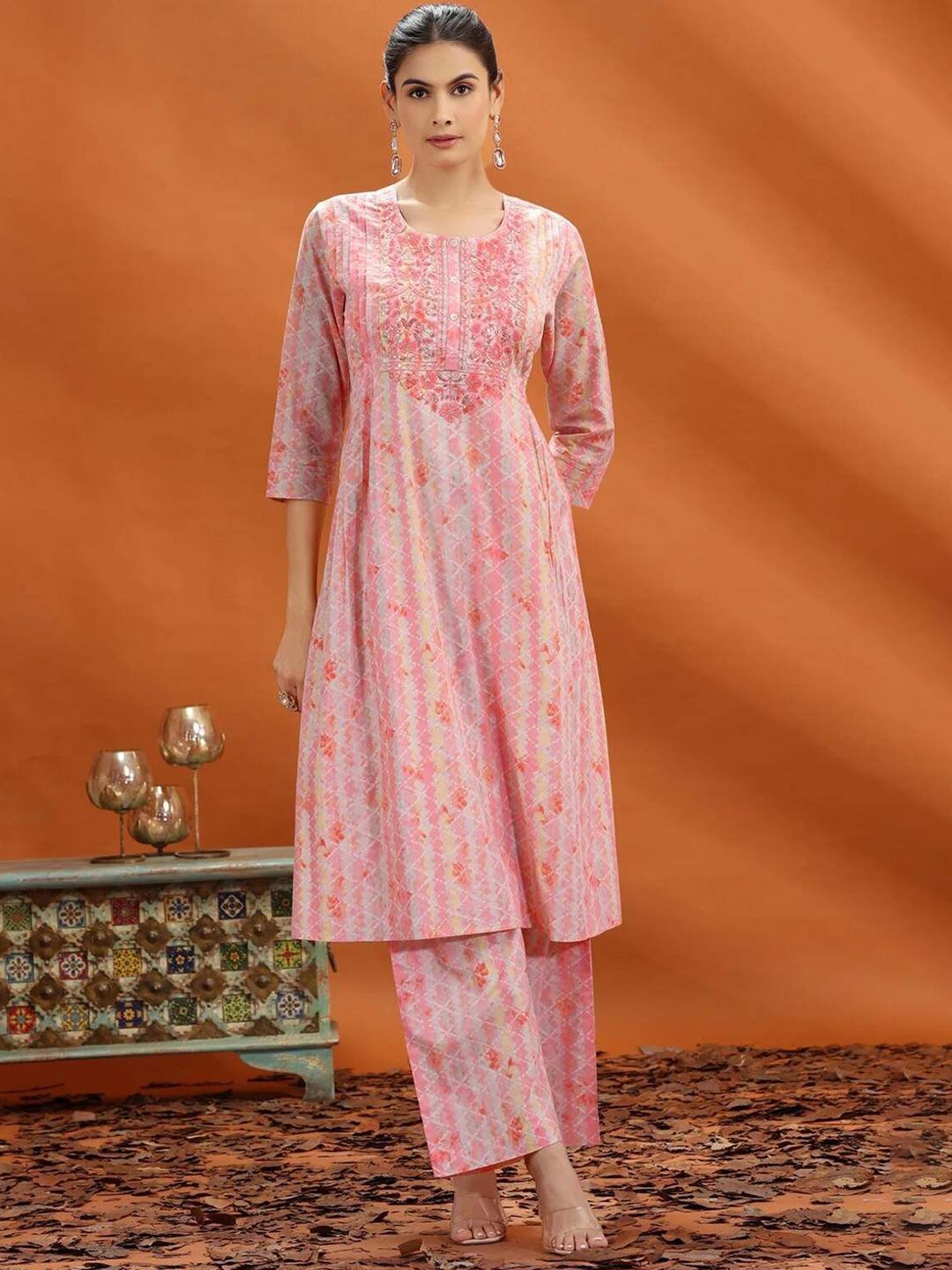 COTTON CULTURE Women Cotton Culture Jaipuri Cotton Embroidered A Line Kurta and Pant Set