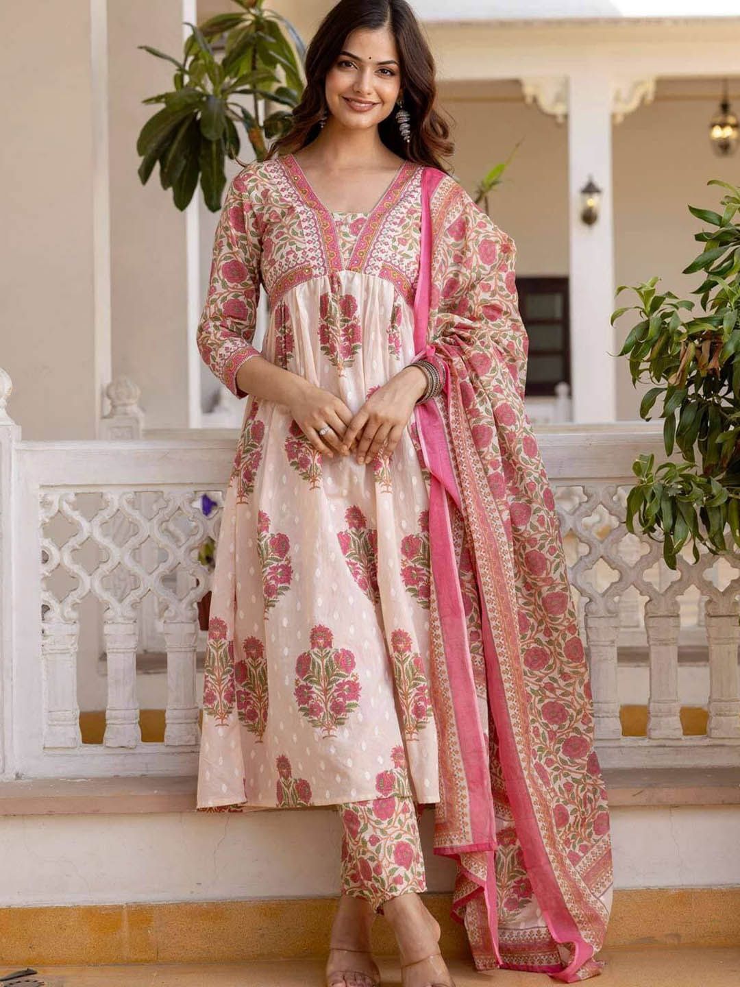 DIVASTRI Women Ethnic Motifs Printed Regular Pure Cotton Kurta Set With Dupatta