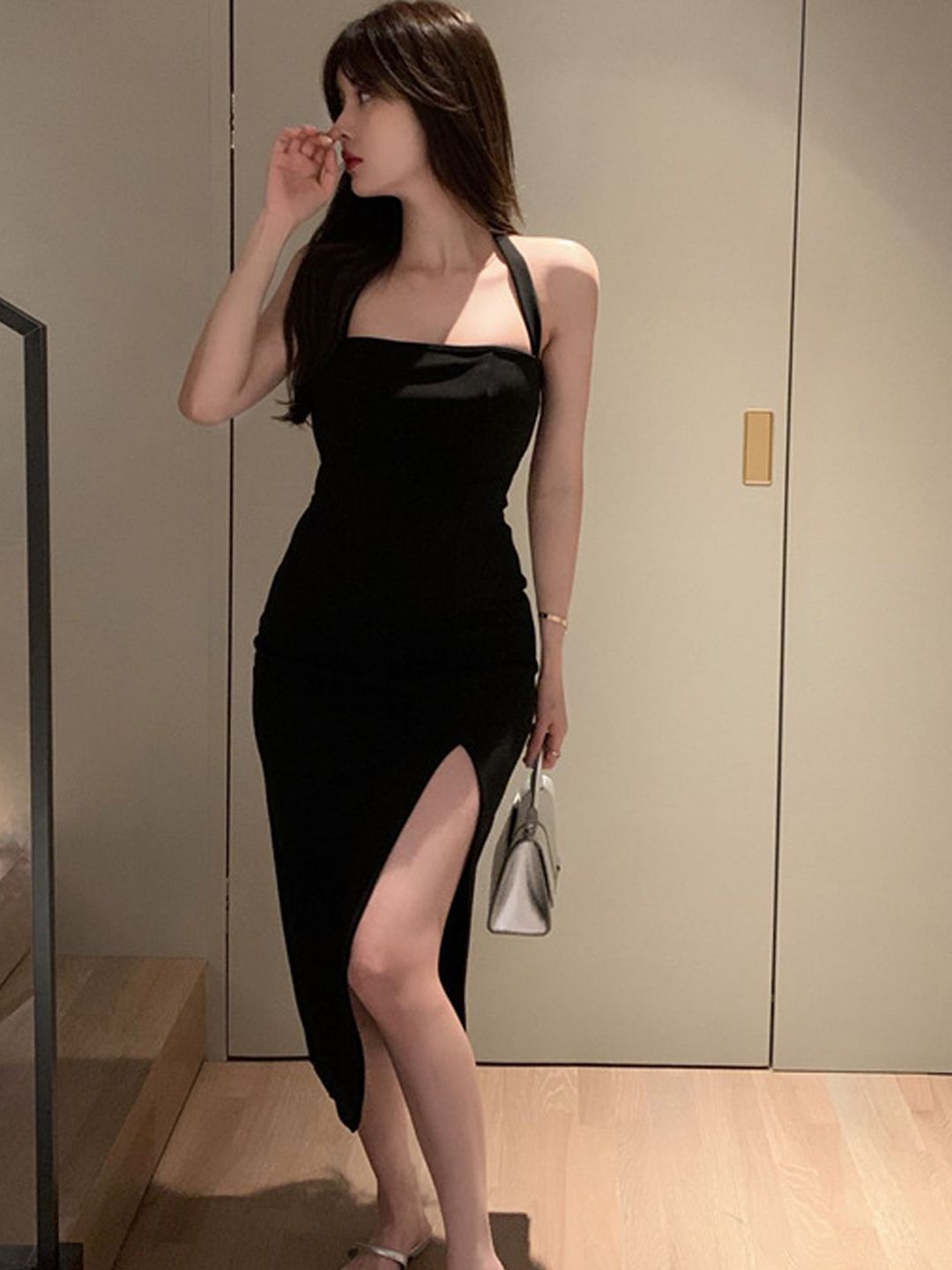 StyleCast Halter Neck Slit Bodycon Midi Dress-picture-14