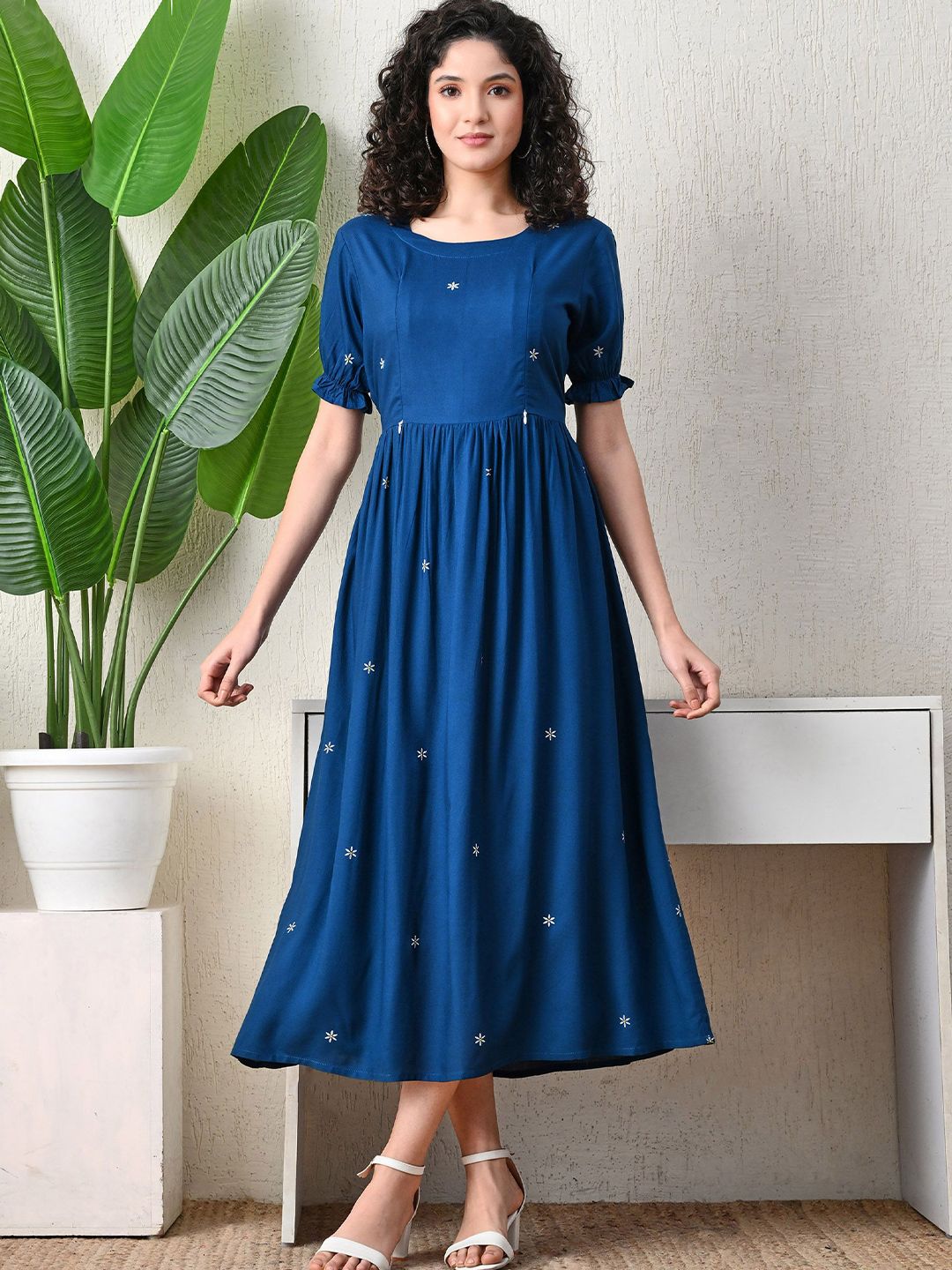 Ichaa Floral Print Puff Sleeve Maternity Fit & Flare Midi Dress With Belt-picture-24