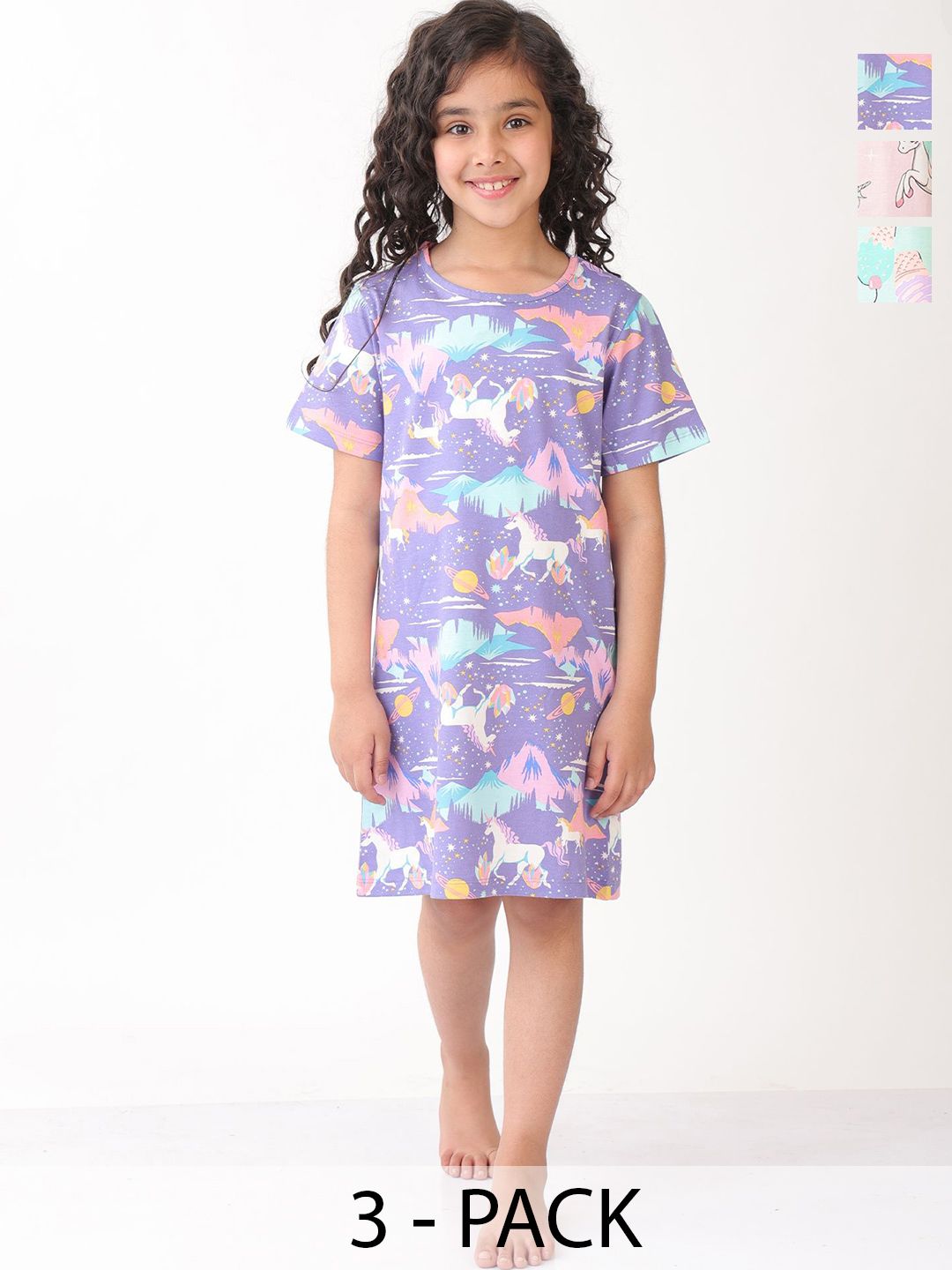 Anthrilo Girl Pack Of 3 Unicorn Star, Ice cream and Unicorn Planet Night Dress-image-9