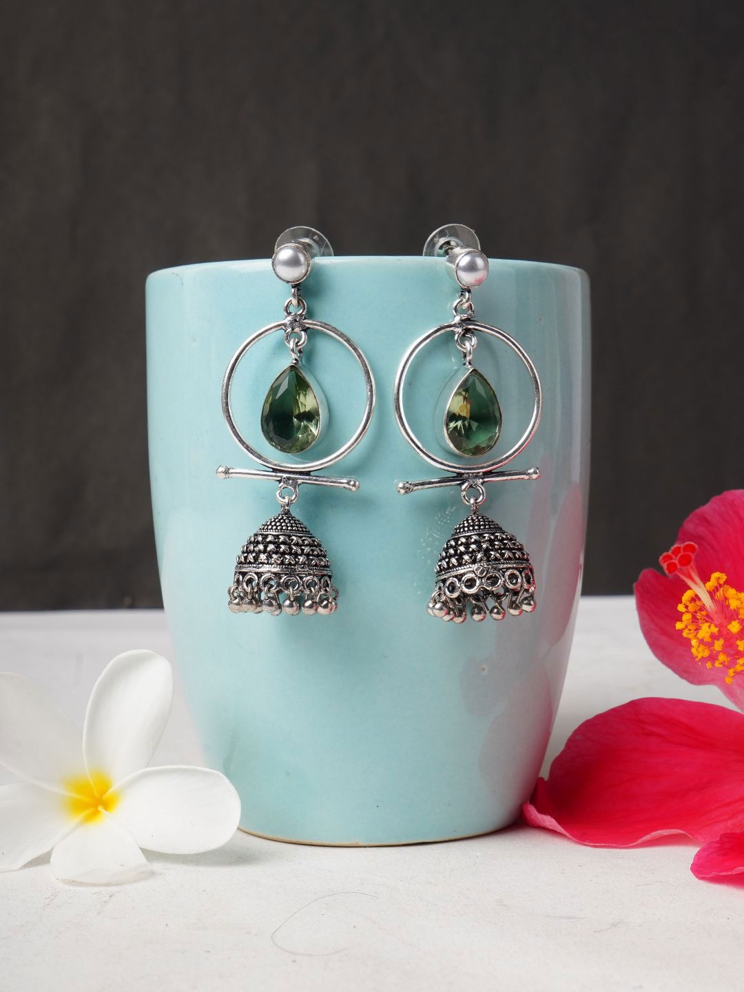 Bamboo Tree Jewels Artificial Stones Studded Oxidised Teardrop Shaped Jhumkas-picture-16