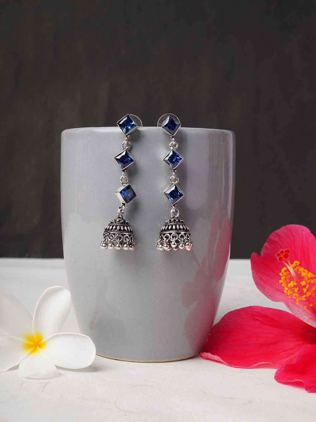 Bamboo Tree Jewels Artificial Stones Studded Oxidised Dome Shaped Jhumkas-picture-13