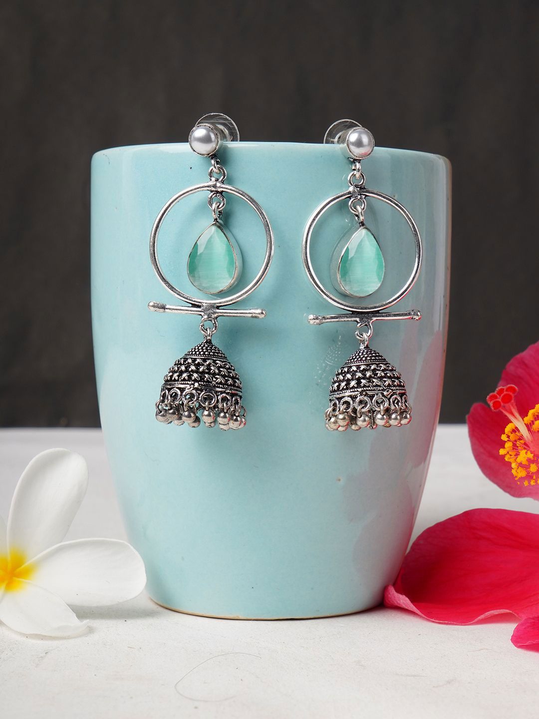 Bamboo Tree Jewels Artificial Stones Studded Oxidised Teardrop Shaped Jhumkas-picture-17