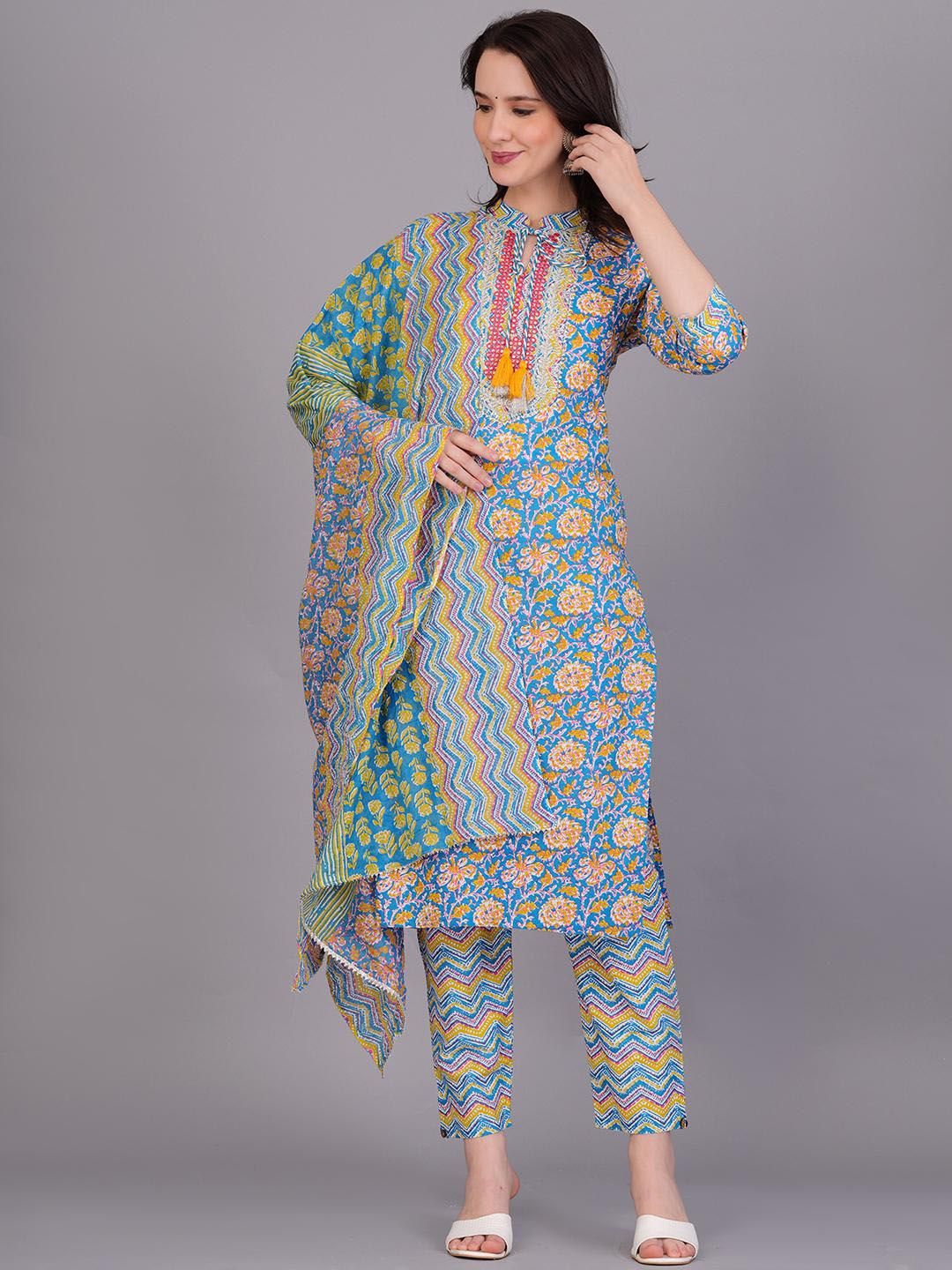 OH MI DIOS Women Floral Printed Cotton Kurta with Trousers & Dupatta