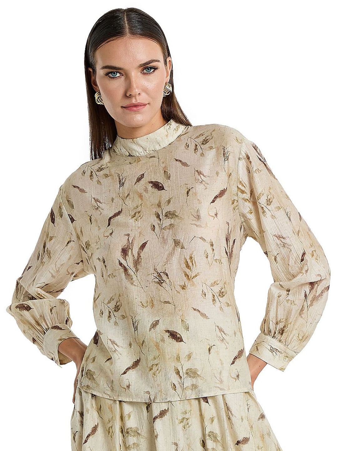 BCBG Tropical Printed High Neck Puff Sleeves Top-image-45