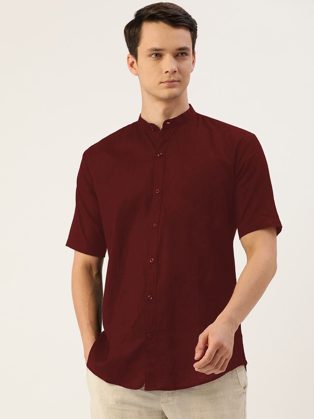 BASE 41 Men Standard Fit Solid Band Collar Casual Shirt-picture-39