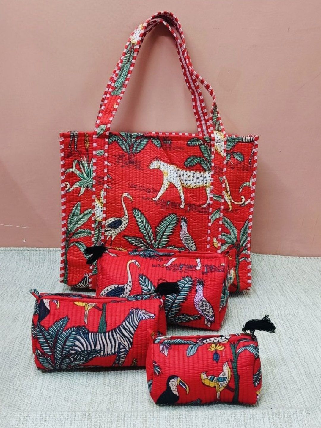 Gulaab Jaipur 4 Pieces Animals Printed Cotton Tote Bag With Pouches-picture-56