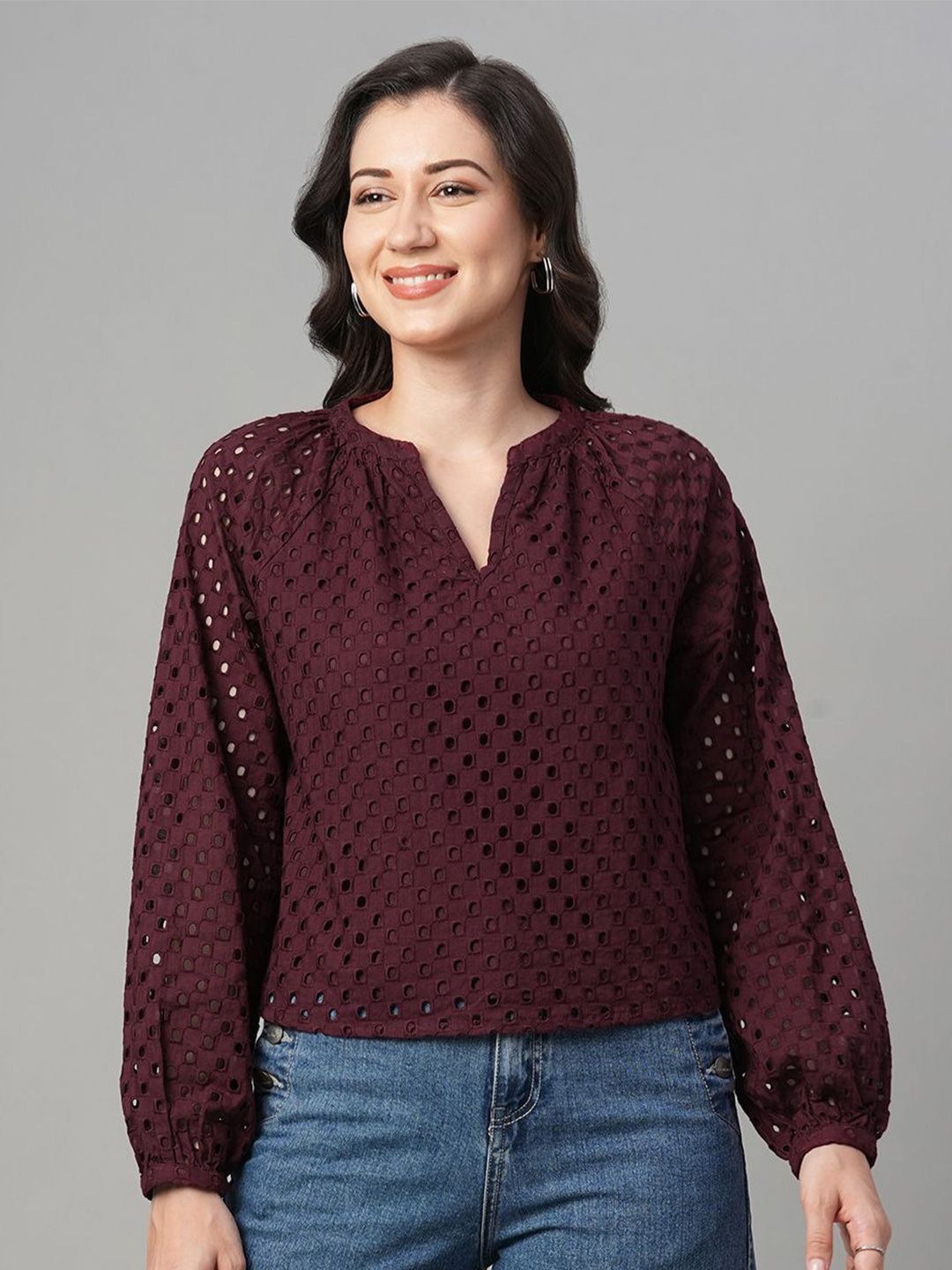 all about you Women Self Design Puff Sleeve Cotton Schiffli Top-picture-39