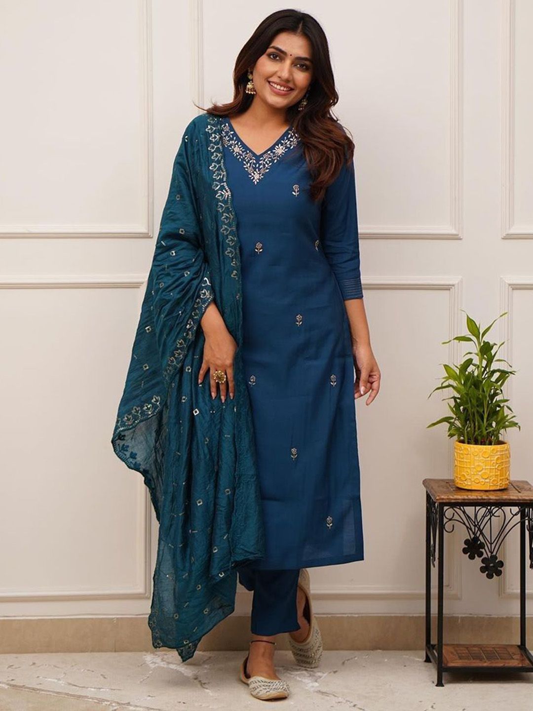 TWINS LADY Floral Embroidered Sequinned Straight Kurta With Trousers & Dupatta