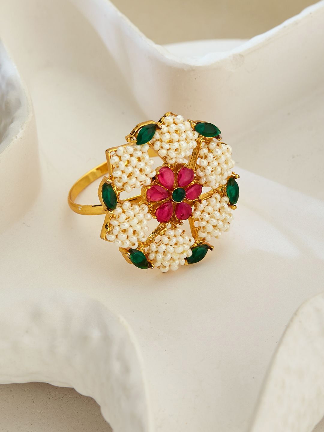 ATIBELLE Gold Plated Stone Studded & Beaded Adjustable Finger Ring
