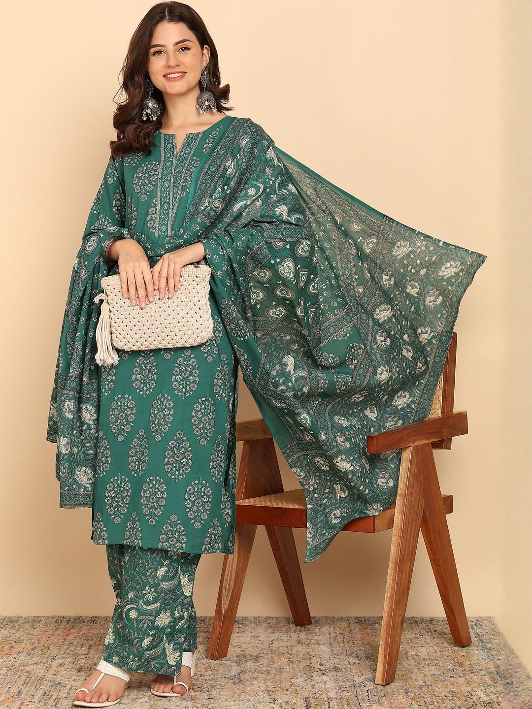 KALINI Women Floral Printed Regular Sequinned Pure Cotton Kurta & Palazzos & With Dupatta