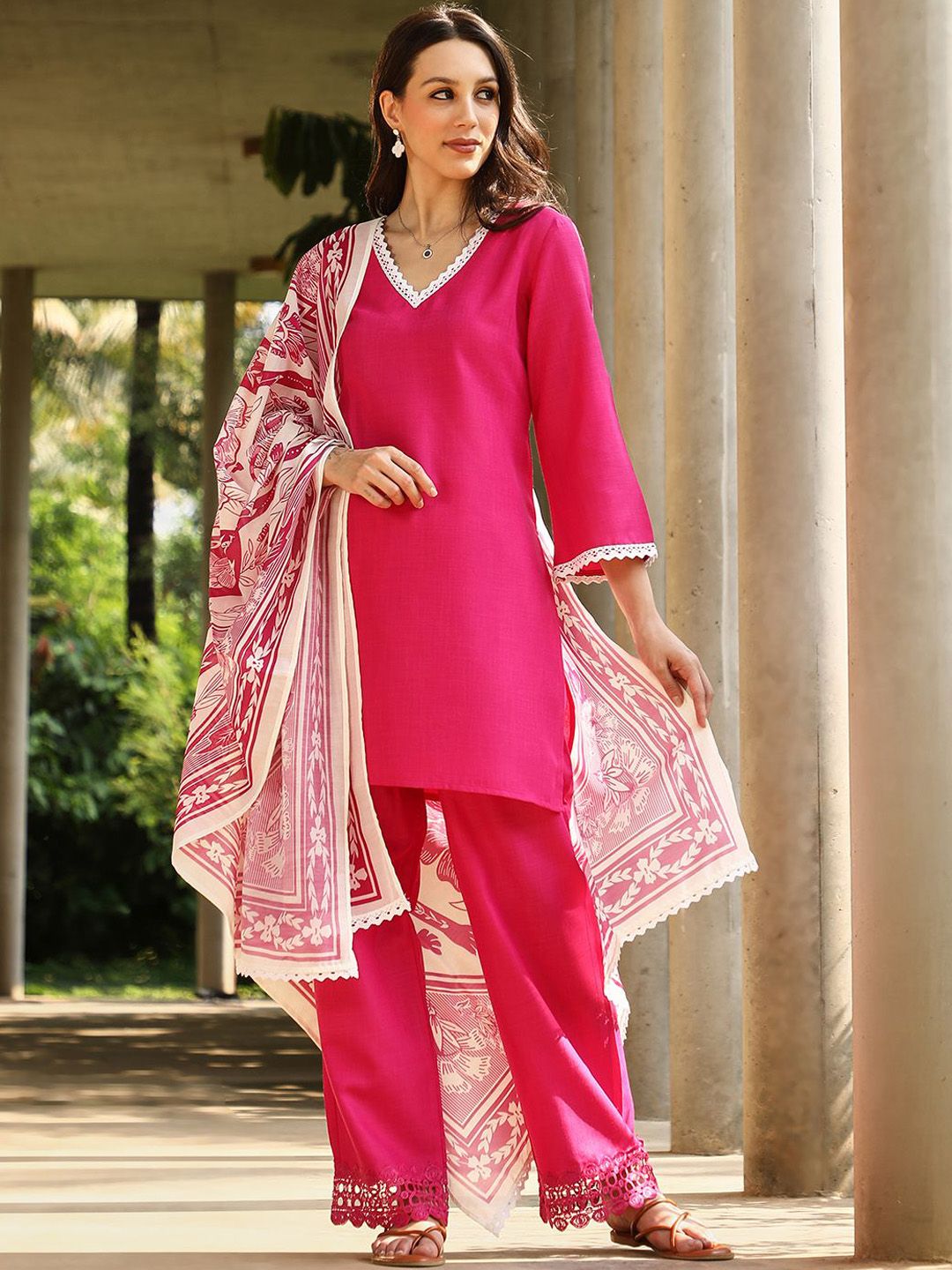 QISSA V-Neck Straight Kurta With Palazzos & Dupatta