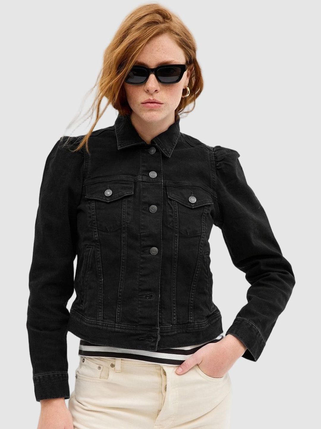 GAP Women Spread Collar Solid Pure Cotton Casual Denim Jacket-picture-12