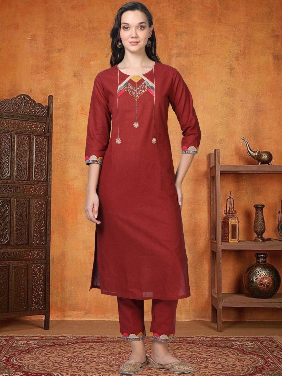 neonari Embroidered Pure Cotton Straight Kurta With Trousers