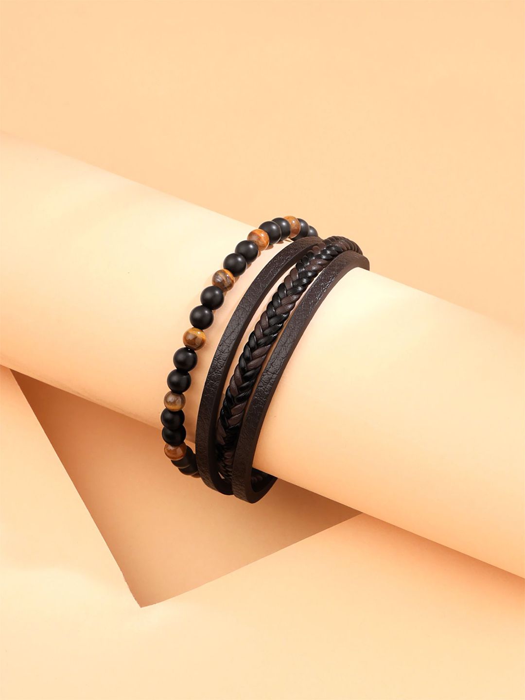 Yellow Chimes Men Leather Artificial Beaded Multistrand Bracelet-picture-15