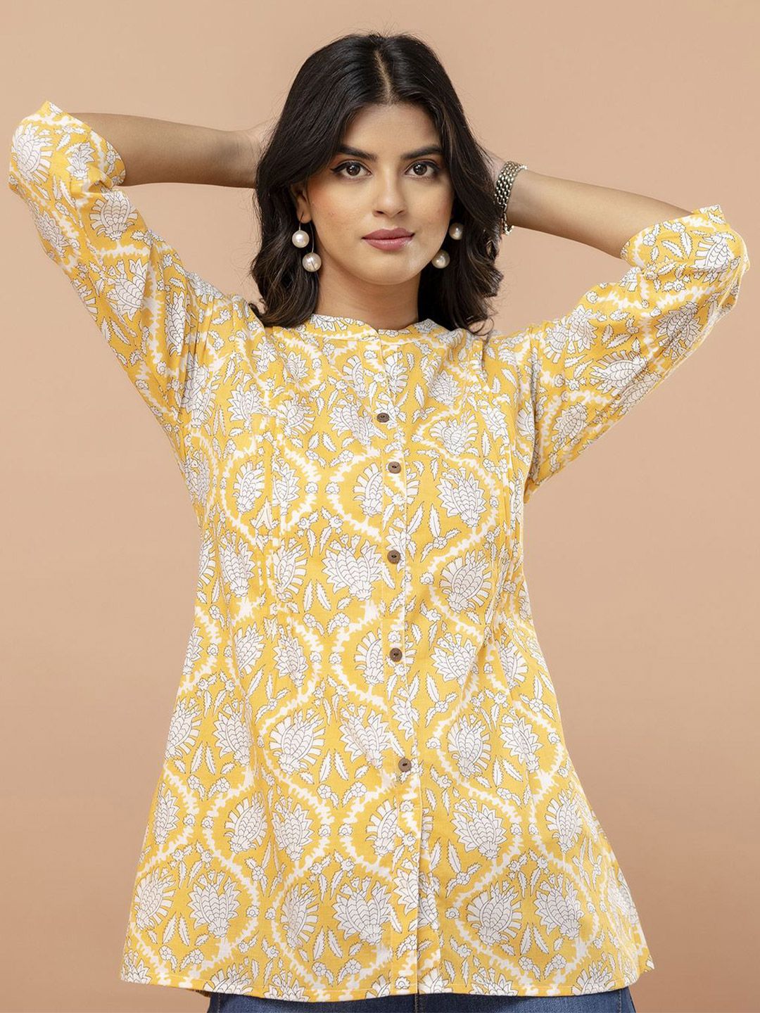 FERANOID Floral Printed Mandarin Collar Pure Cotton A-Line Short Kurti-picture-16