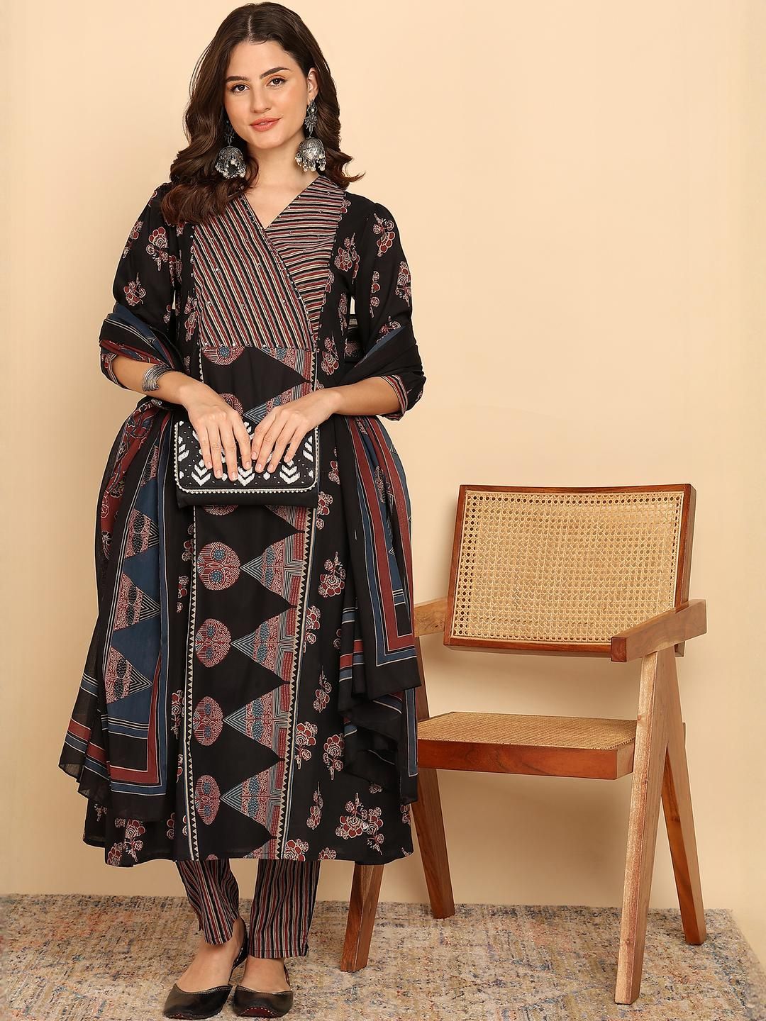 KALINI Floral Printed V-Neck Angrakha Pure Cotton Kurta with Palazzos & With Dupatta