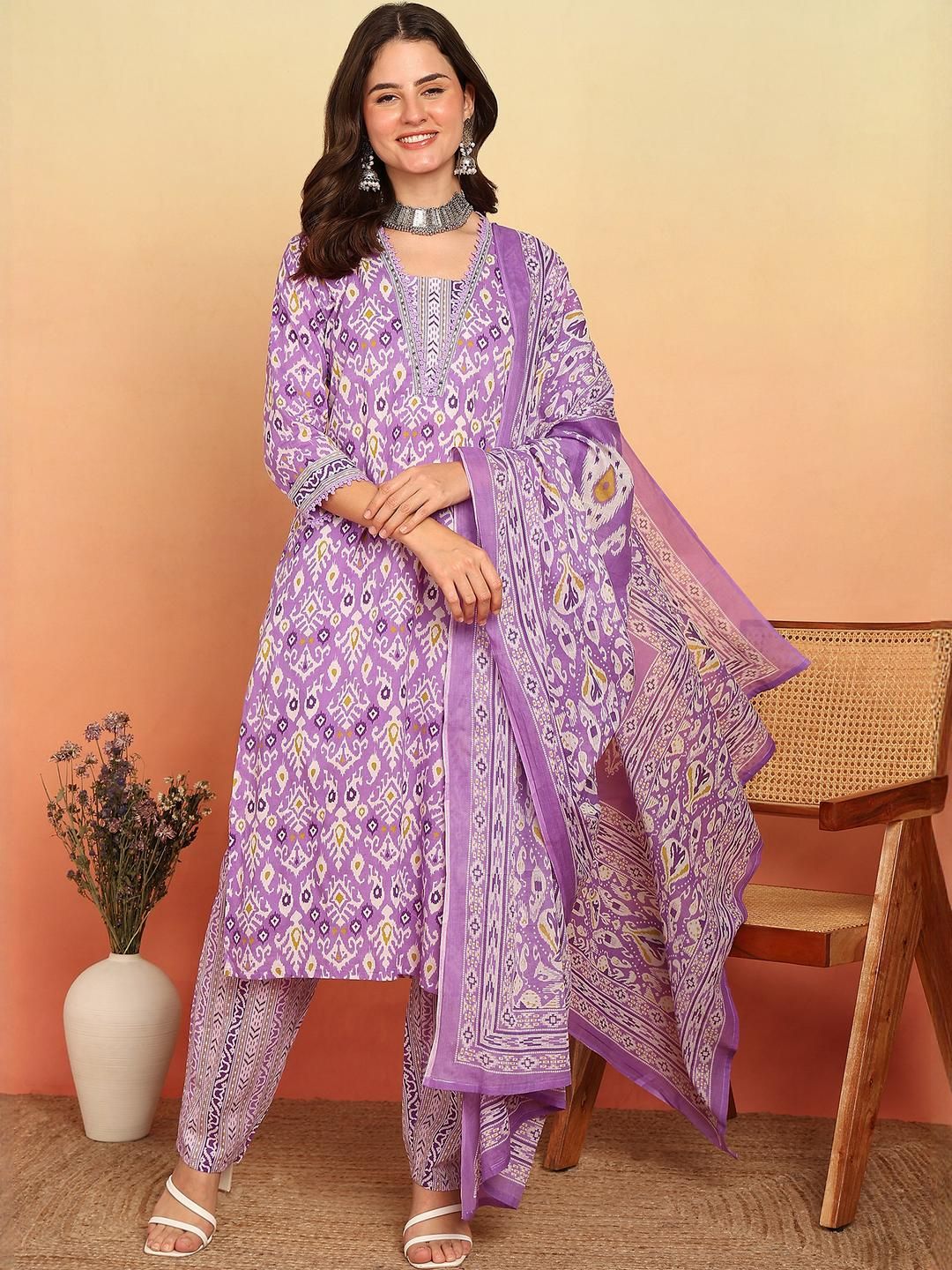 KALINI Women Printed Regular Cotton Kurta with Palazzos & With Dupatta