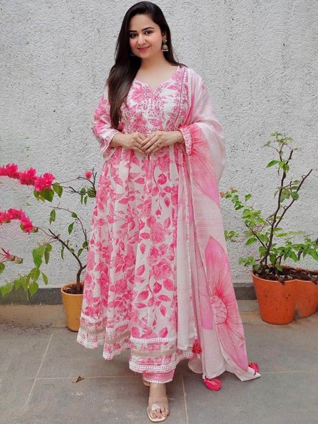 JALTHER Floral Printed Notch Neck Anarkali Kurta With Trousers & Dupatta