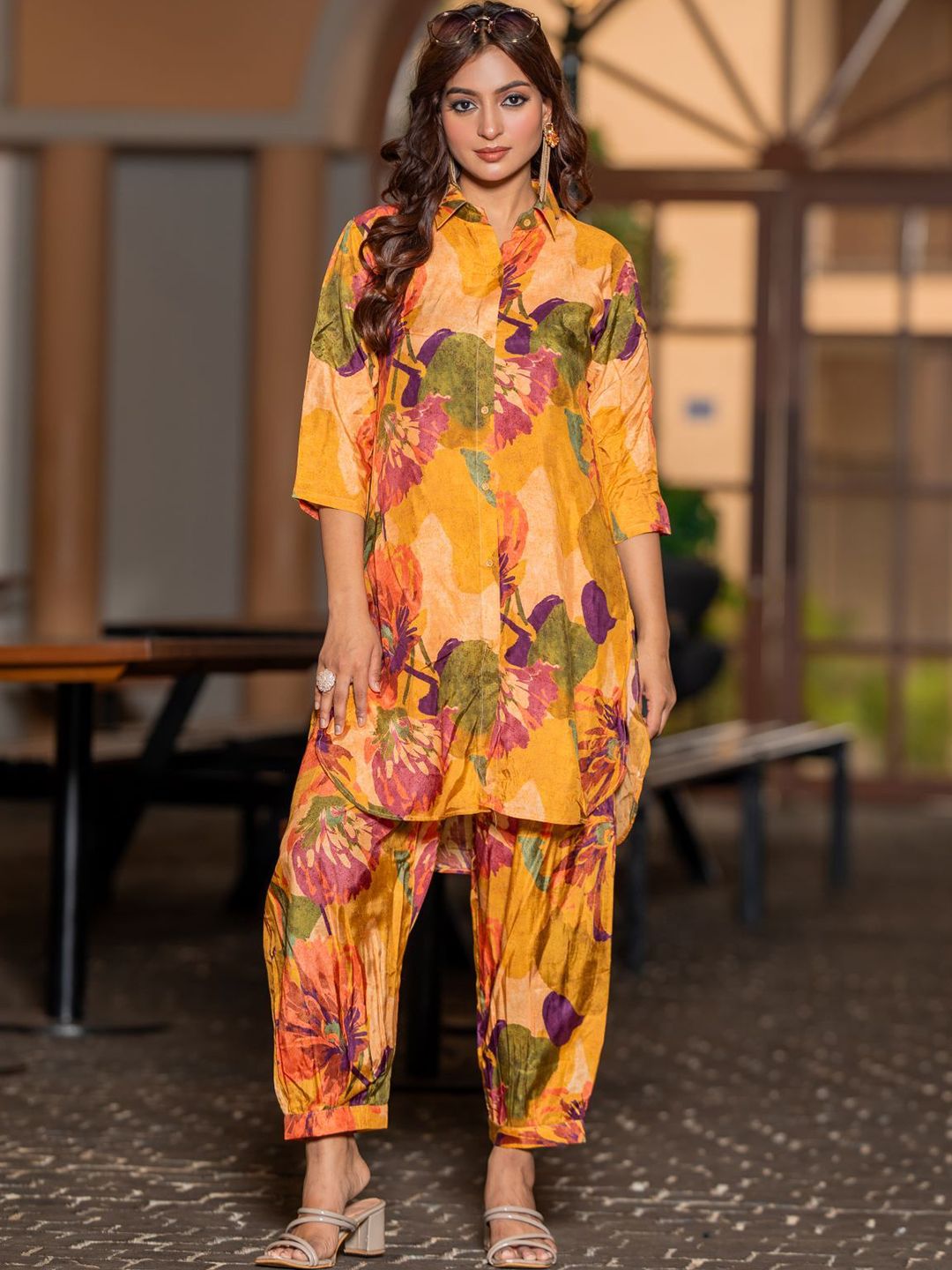 all about you Floral Printed Shirt Collar Organic Cotton Straight Kurta With Salwar