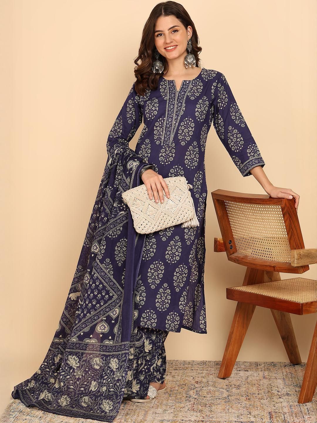KALINI Floral Printed Pure Cotton Kurta with Palazzos & Dupatta