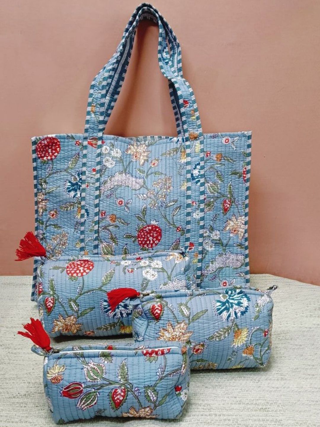 Gulaab Jaipur Unisex Floral Printed Structured Cotton Tote Bag With 3 Pouches