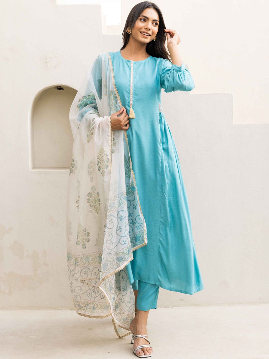 MAAND Mirror Work A-Line Kurta With Trousers And Dupatta