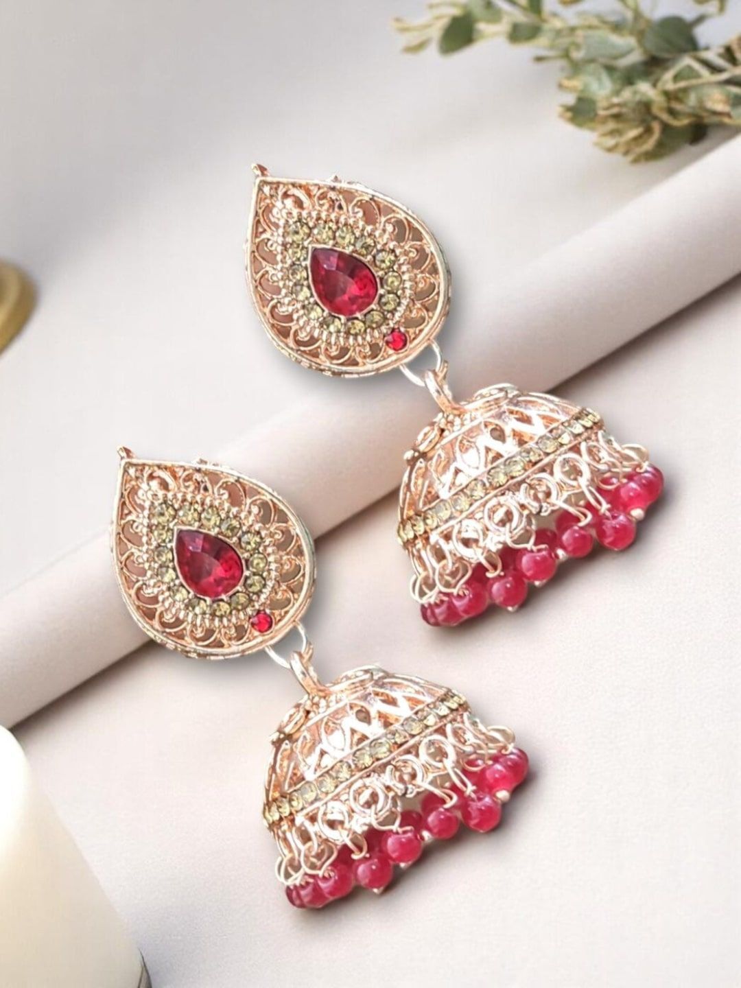 AccessHer Rose Gold-Plated Artificial Stones Studded & Beaded Dome Shaped Jhumkas-picture-40
