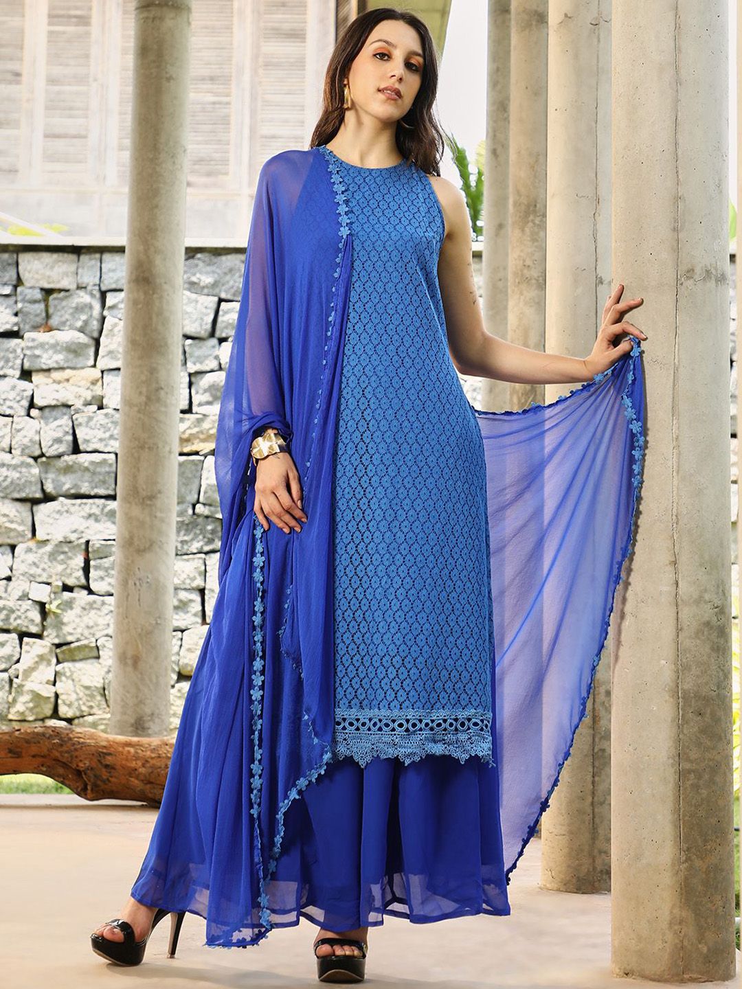 QISSA Women Abstract Round Neck Regular Kurta with Palazzos & With Dupatta