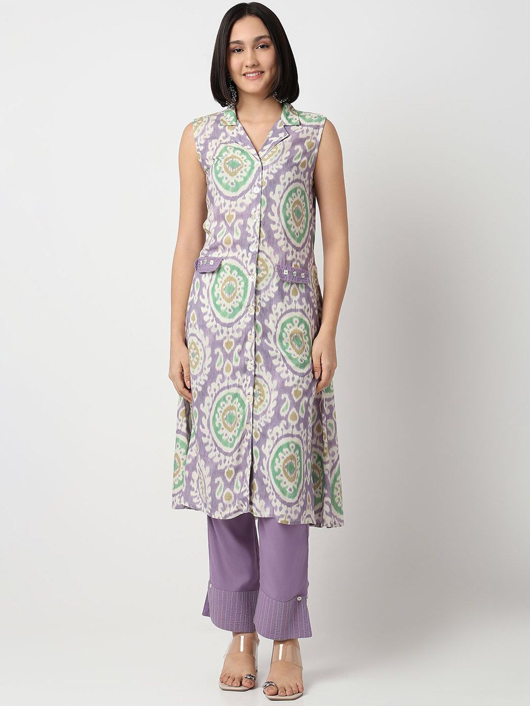 NYLANGAN Ethnic Motifs Printed Shirt Collar Pure Cotton Straight Kurta With Trousers