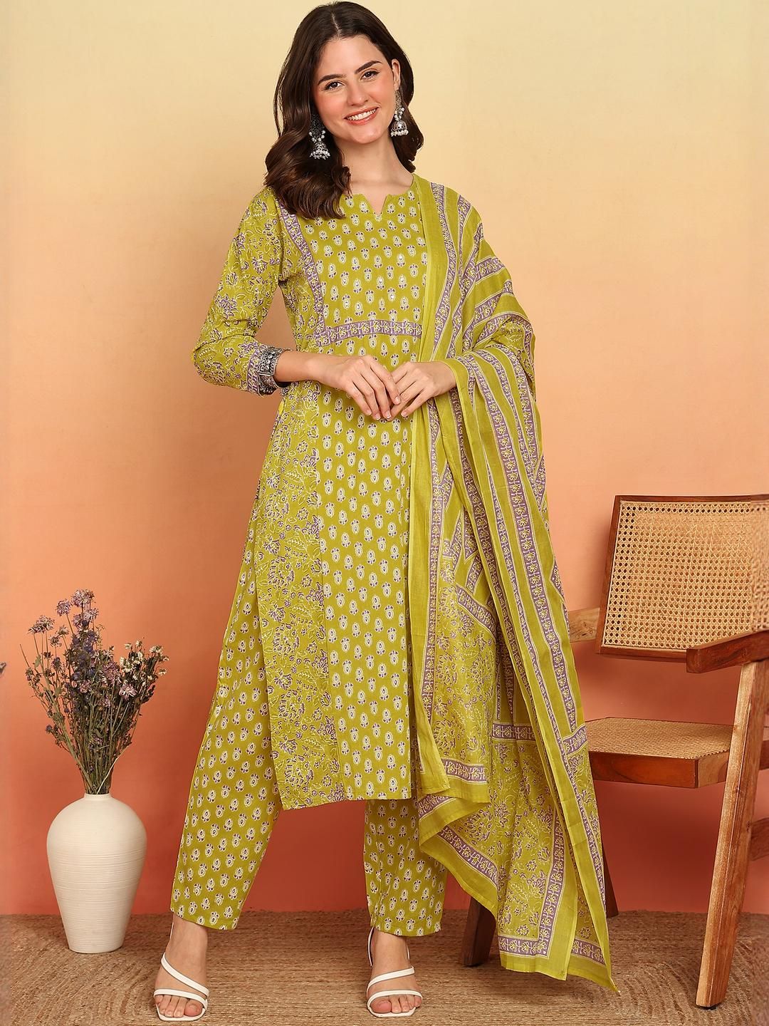 KALINI Women Floral Printed Regular Pure Cotton Kurta with Palazzos & With Dupatta