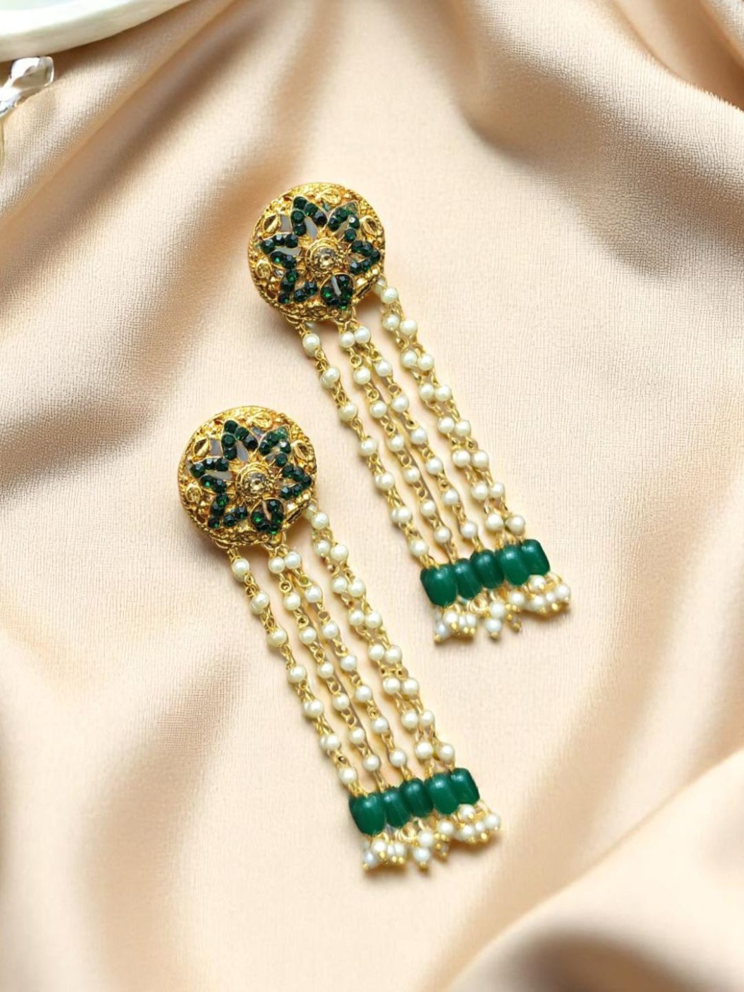 AccessHer Gold-Plated Artificial Stones Studded & Beaded Circular Shaped Drop Earrings-picture-20