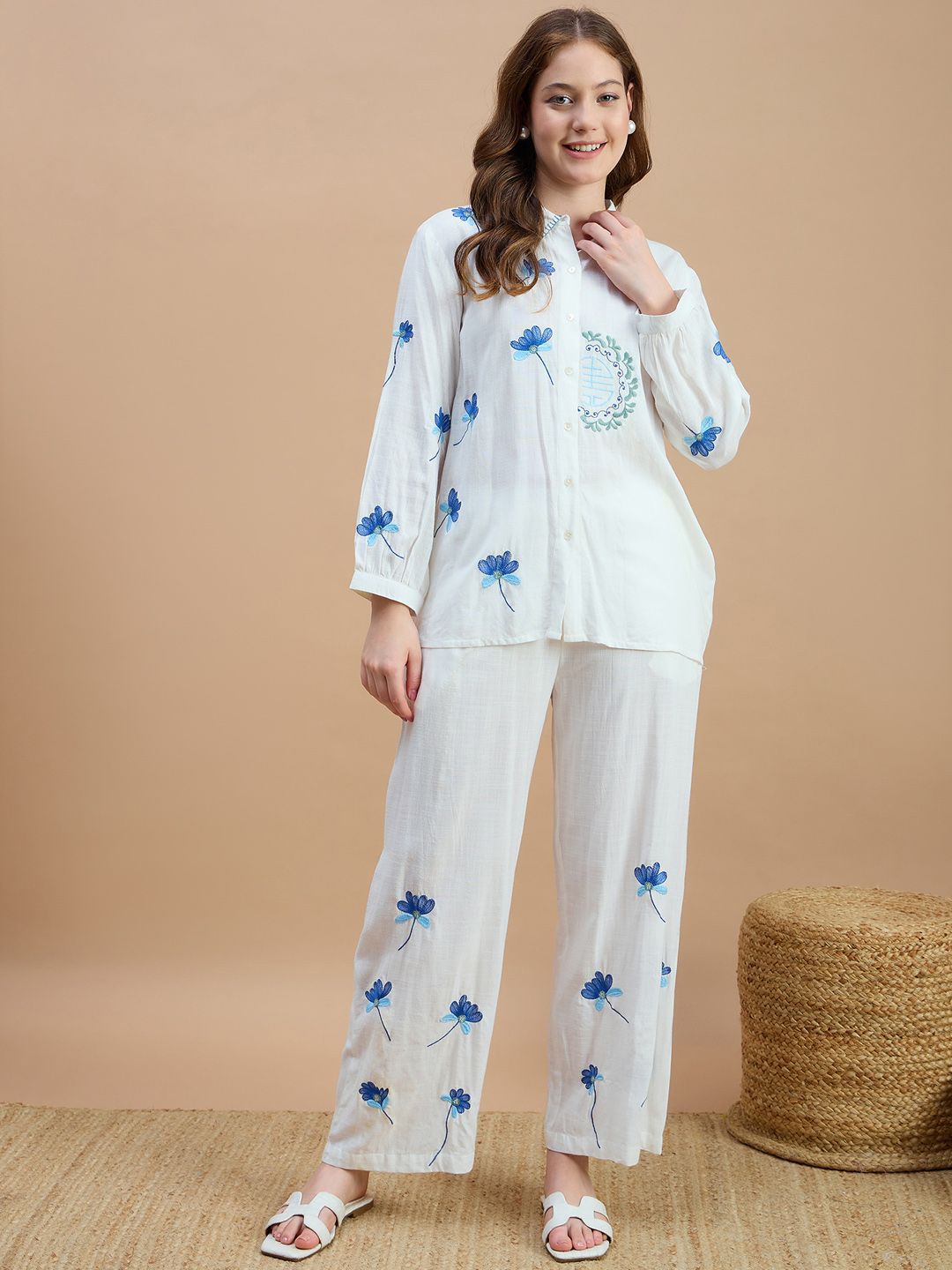 ZUMMER Floral Embroidered Pure Cotton Shirt With Trouser-picture-37