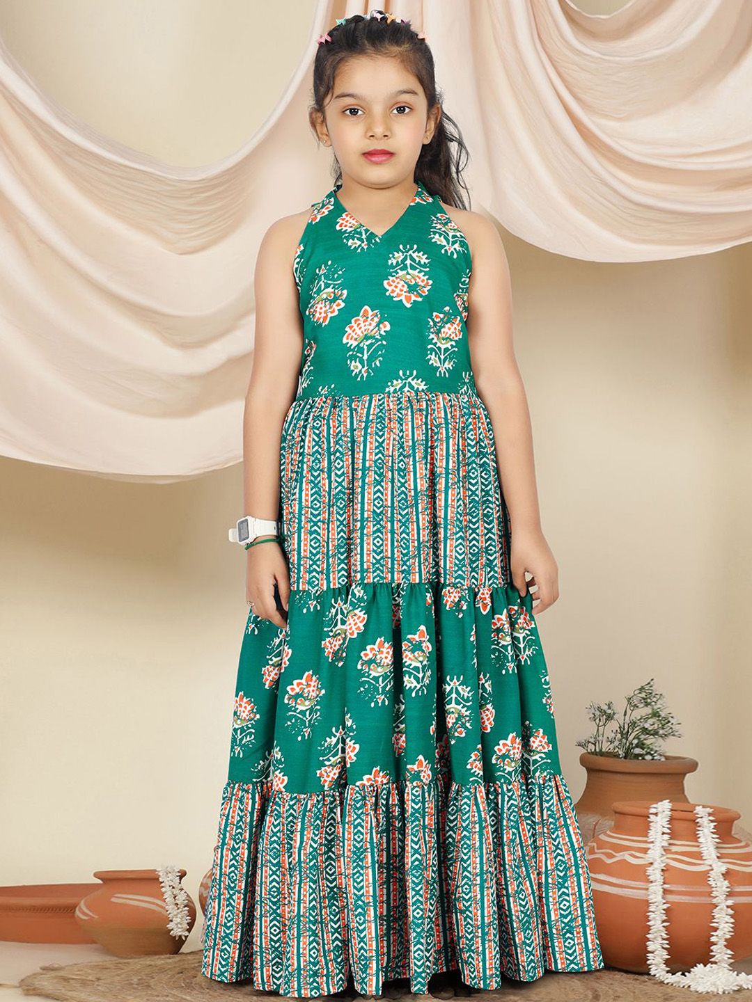 BAESD Girls Floral Printed V-Neck Tiered Fit & Flare Maxi Dress-picture-40