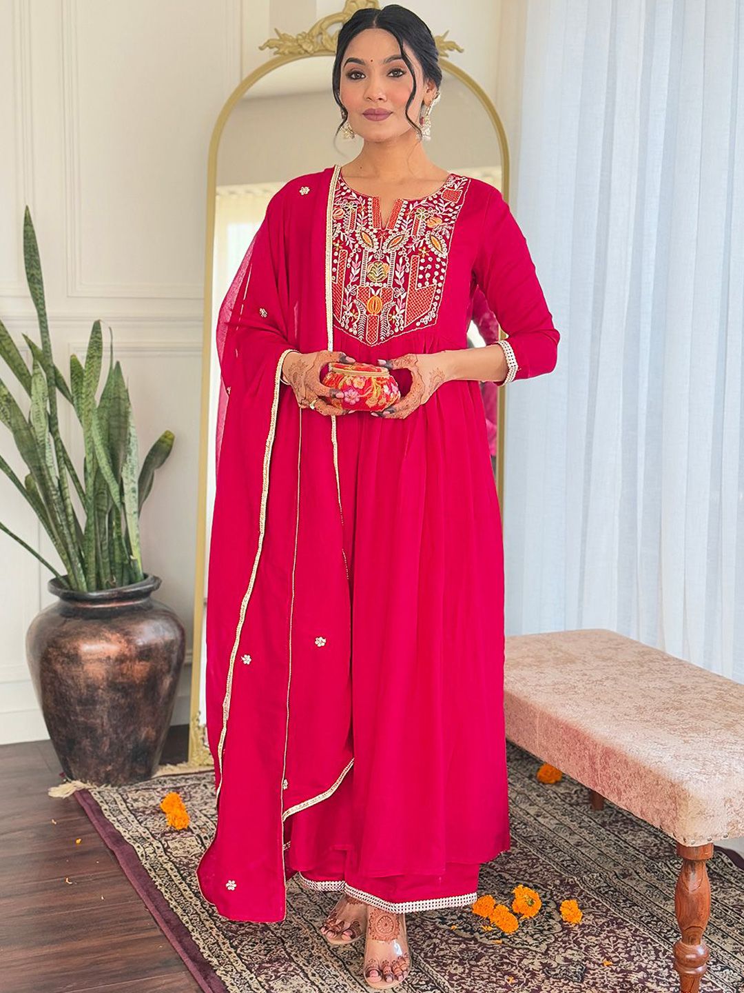 Siya Fashion Floral Embroidered Notch Neck A-Line Kurta With Trousers & Dupatta