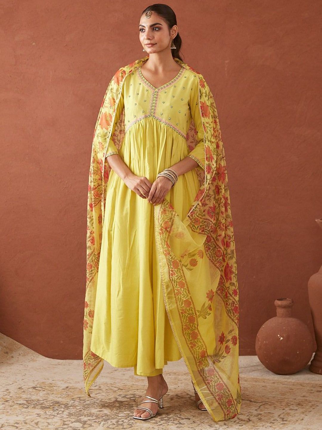 MAAND Women Embroidered Empire Mirror Work Pure Silk Kurta Set With Dupatta