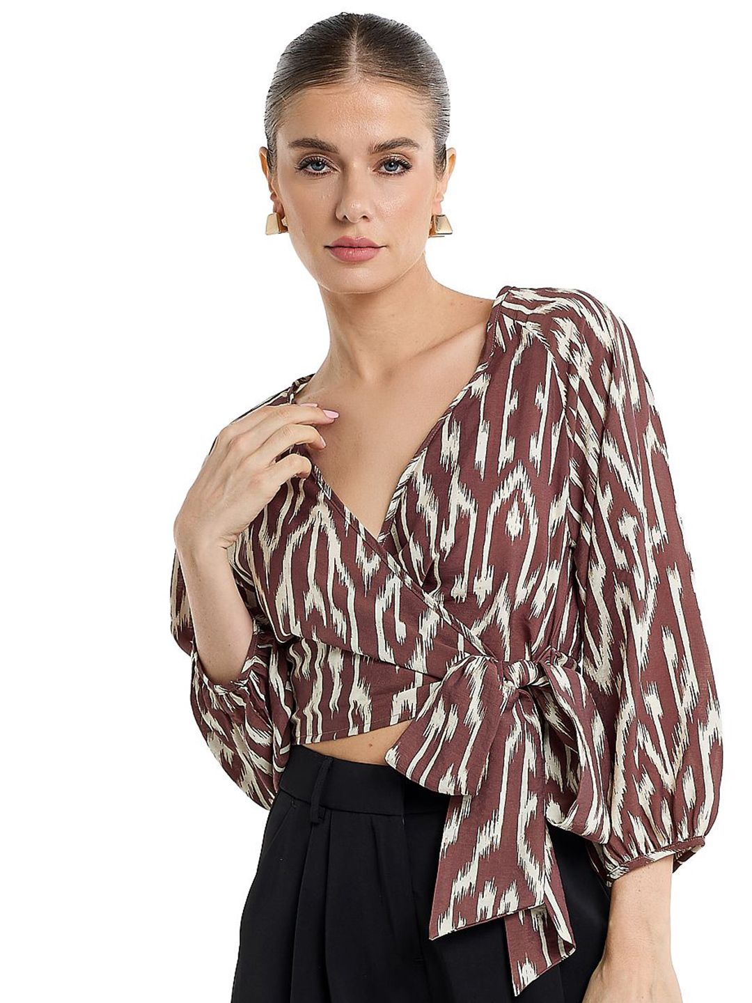 BCBG Women V-Neck Printed Puff Sleeves Wrap Top-picture-30