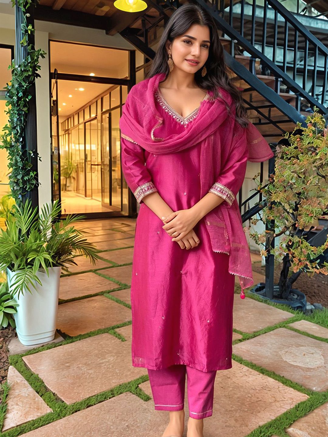 Aaghnya Women Ethnic Motifs Embroidered Regular Kurta with Trousers & With Dupatta