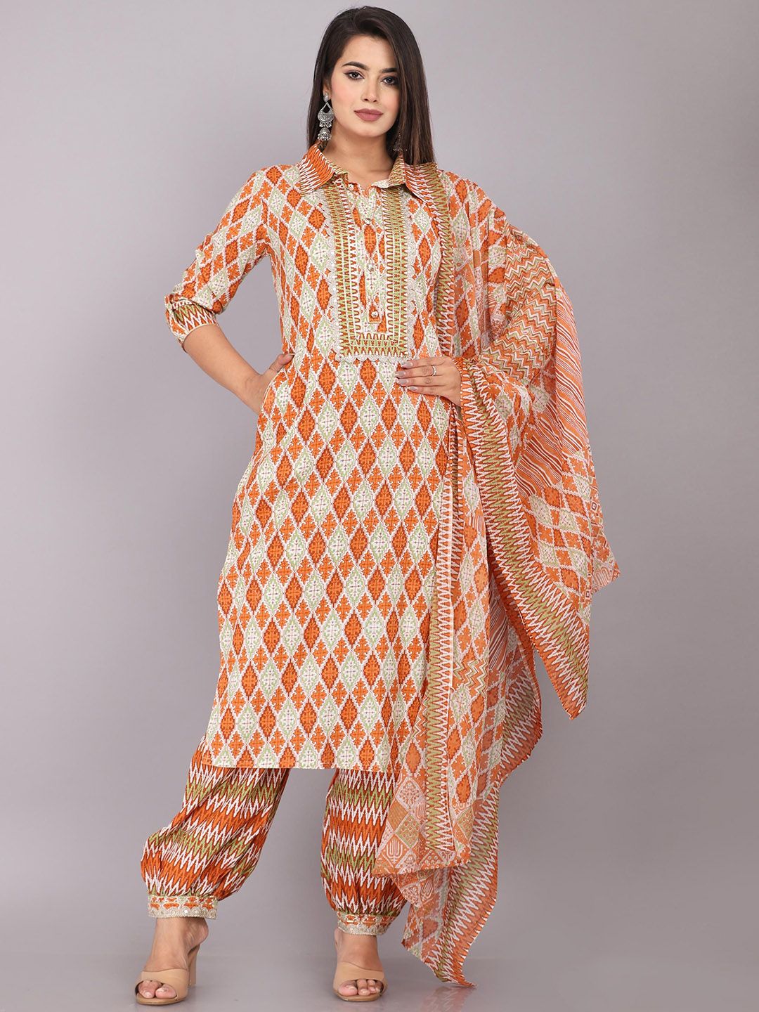 OH MI DIOS Ethnic Motifs Printed Shirt Collar Pure Cotton Kurta With Salwar & Dupatta