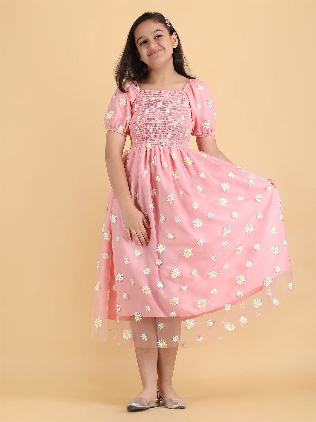 STARWORD Girls Floral Print Puff Sleeves Square Neck Fit & Flare Midi Dress-picture-36