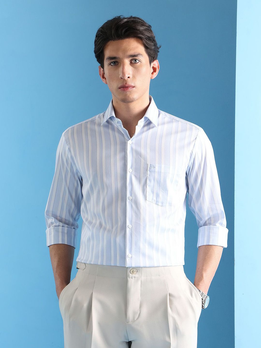 Arrow Velocity Manhattan Slim Fit Vertical Striped Twill Weave Formal Shirt-picture-12