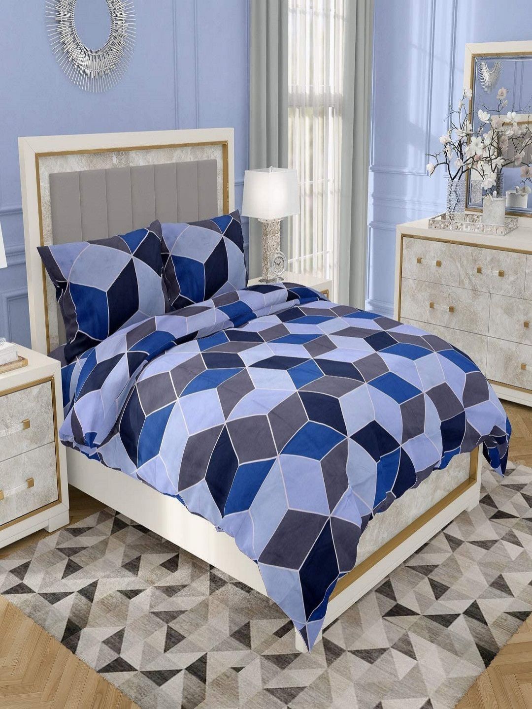 Myntra Elegant Homes Blue & Grey Geometric Polycotton 3 Piece Single Fine Bedding Set-picture-10